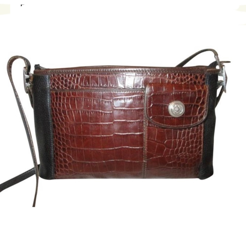 Brighton Vintage Croc Embossed Brown Leather Shoulder Bag